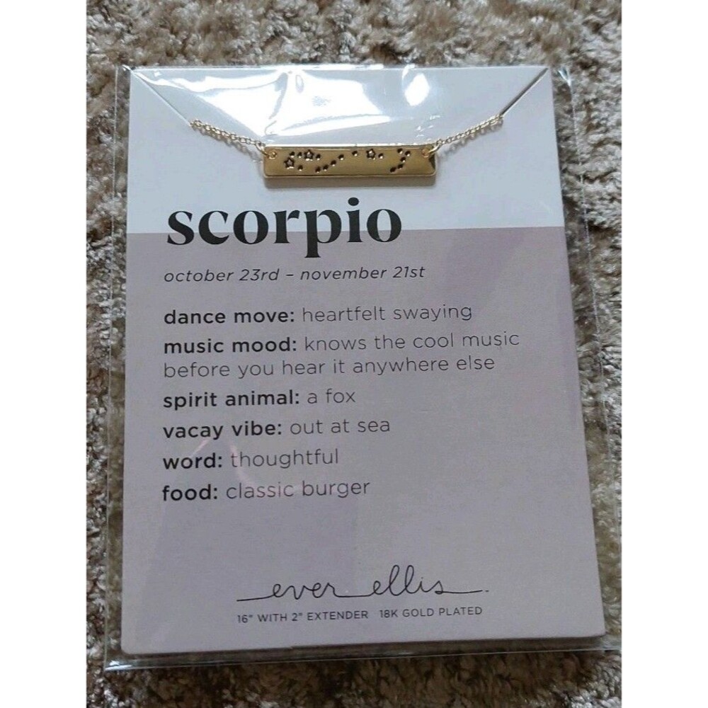 Scorpio Zodiac Bar Necklace 18K Gold Plated Ever Ellis 16" October 23 - Nov 21